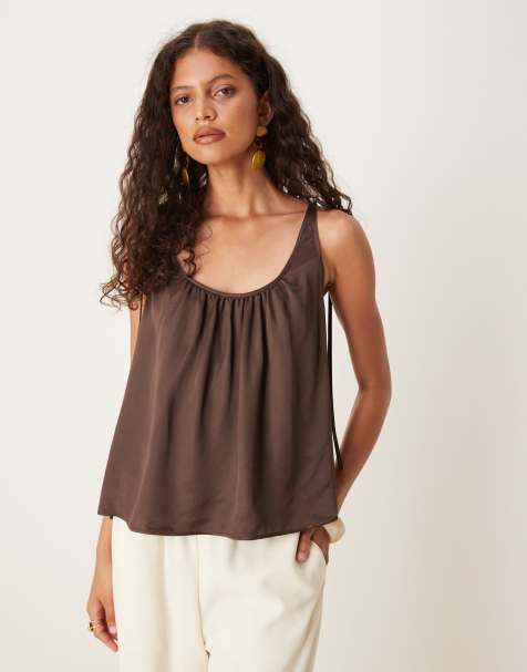 ASOS DESIGN satin tie shoulders cami top in chocolate - view 1