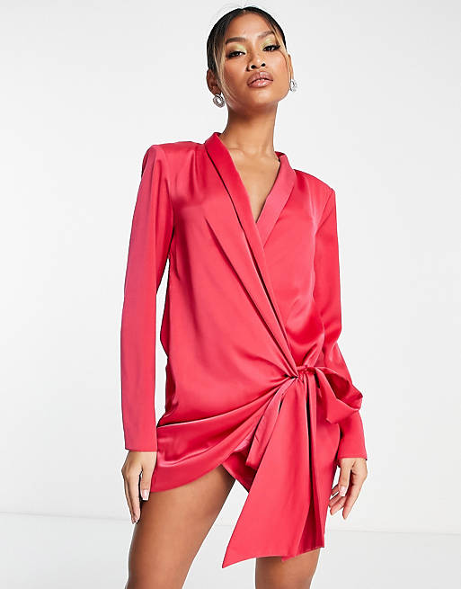 ASOS DESIGN satin tie side long sleeve mini dress with collar in hot pink