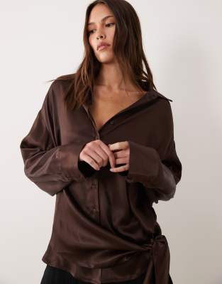 Asos Design Satin Tie Side Relaxed Fit Shirt In Brown