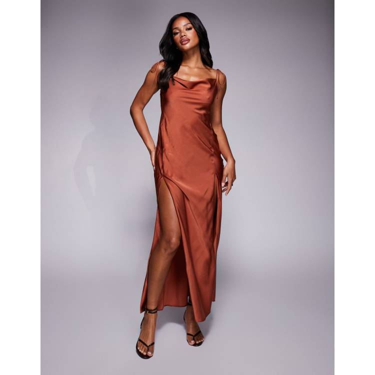 ASOS DESIGN satin tie strap maxi dress with split detail in