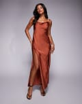 [ASOS DESIGN] ASOS DESIGN satin tie strap maxi dress with split detail in brown 10 BROWN