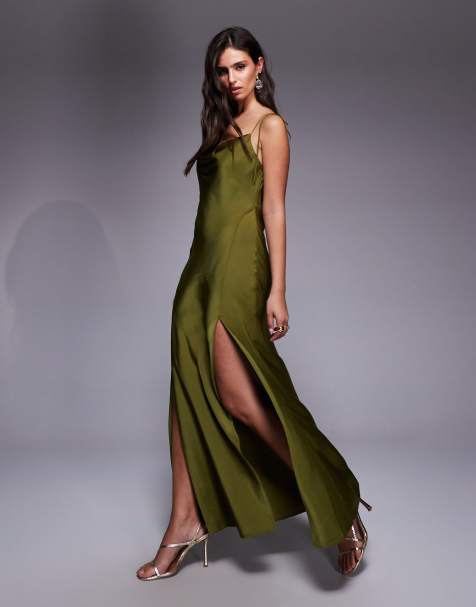 ASOS DESIGN satin tie strap maxi dress with split detail in olive green - view 1