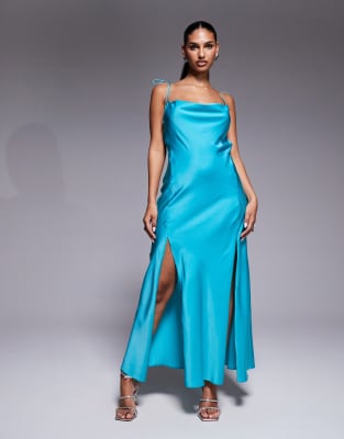 ASOS DESIGN satin tie straps maxi dress with slit details in teal-Green