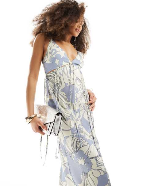 ASOS DESIGN satin tie waist detail midi dress in blue large floral