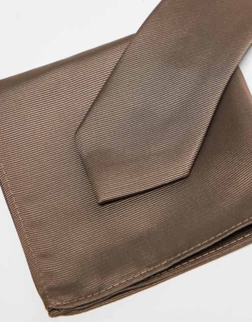 ASOS DESIGN satin tie with pocket square in mid brown