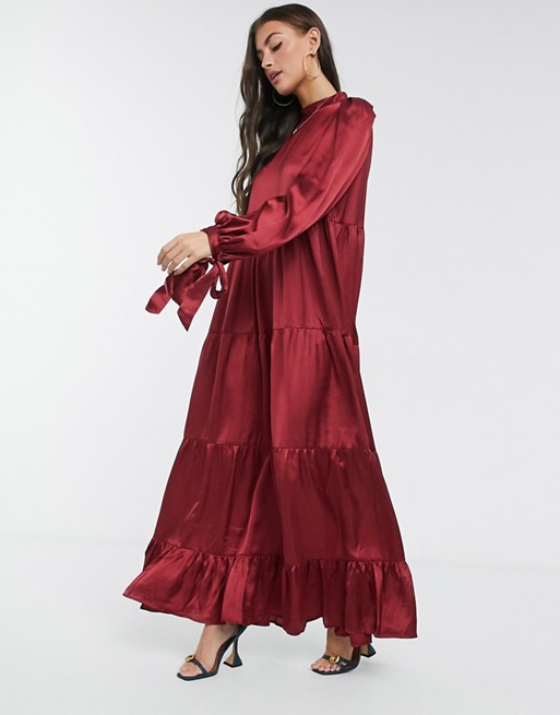 ASOS DESIGN satin tiered maxi smock dress with tie sleeves in wine red