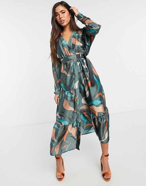 ASOS DESIGN satin tiered wrap maxi dress in winter abstract print