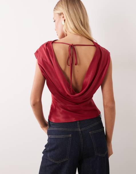 ASOS DESIGN satin top med vandfaldsryg i kirsebærrød - view 1