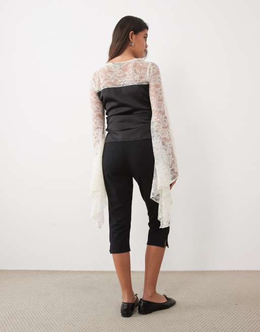 ASOS DESIGN satin top with lace panel and exaggerated sleeve in black, 4 of 4