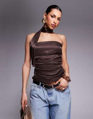 Asos Design Satin Top With Neck Tie Detail In Brown