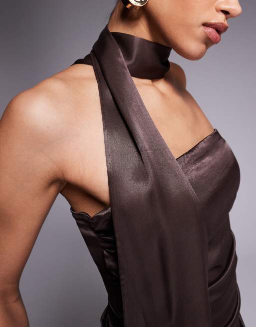 ASOS DESIGN satin top with neck tie detail in brown