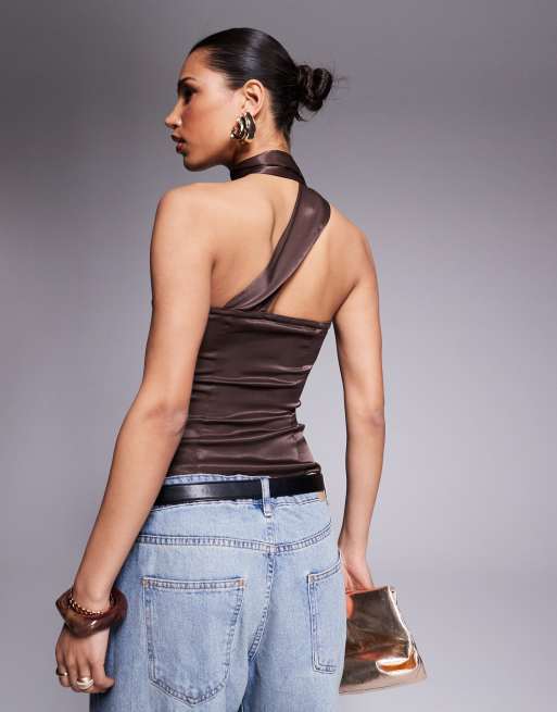 ASOS DESIGN satin top with neck tie detail in brown