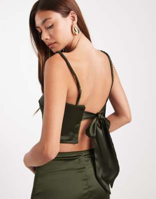 Asos Design Satin Top With Tie Back Detail In Green