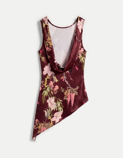 ASOS DESIGN satin topp med låg rygg och asymmetrisk skärning i blommigt tryck, 6 av 7