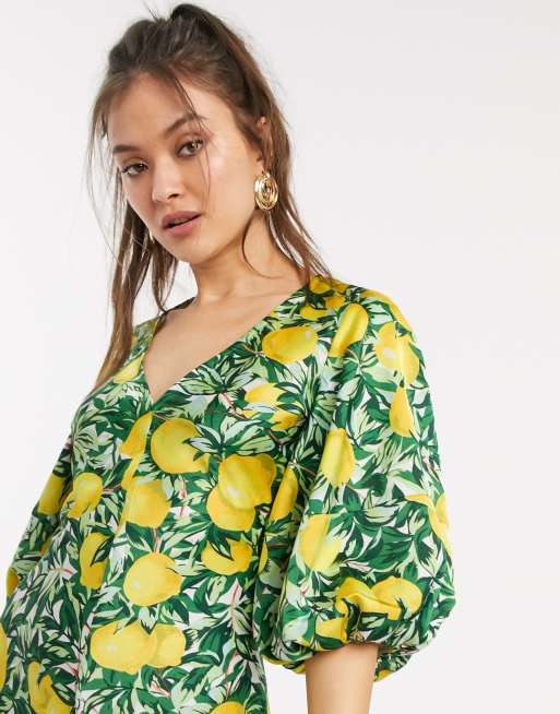 ASOS Petite ASOS DESIGN petite puff sleeve swimsuit in lemon print