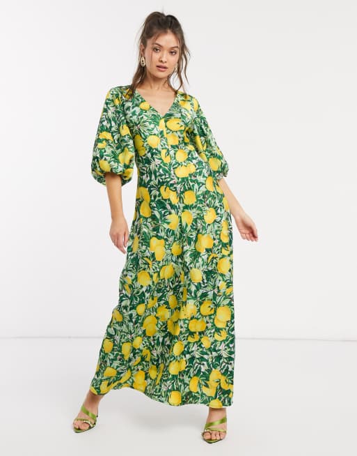 ASOS Petite ASOS DESIGN petite puff sleeve swimsuit in lemon print