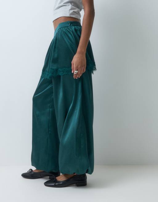 ASOS DESIGN satin trouser with skirt overlay in dark green, 2 of 5