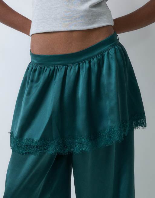 ASOS DESIGN satin trouser with skirt overlay in dark green, 3 of 5