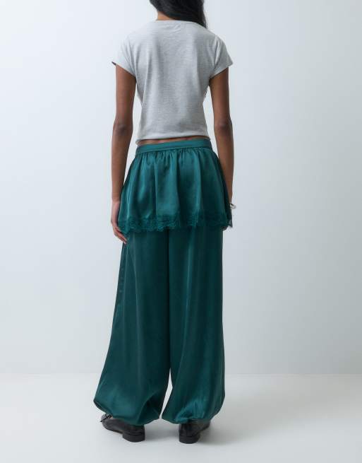 ASOS DESIGN satin trouser with skirt overlay in dark green, 4 of 5