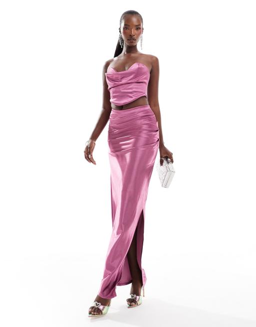 ASOS DESIGN satin twill corset top with v bar and maxi skirt set in mauve