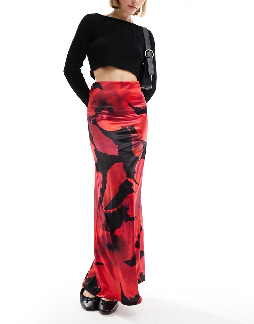 Asos Design Satin Twill Maxi Skirt In Floral Print-red