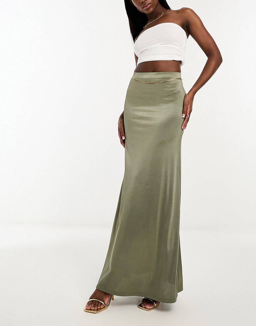 Asos Design Satin Twill Maxi Skirt In Olive-multi