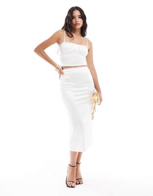 Asos Design Satin Twill Midi Fishtail Skirt In Ivory - Part Of A Set-white