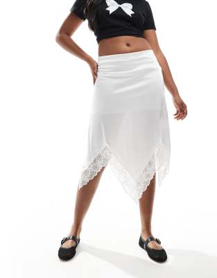 satin twill midi skirt with lace edge trim in ivory-White