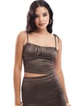 [ASOS DESIGN] ASOS DESIGN satin twill ruched bust cami top in chocolate (part of a set)-Green 10 Chocolate