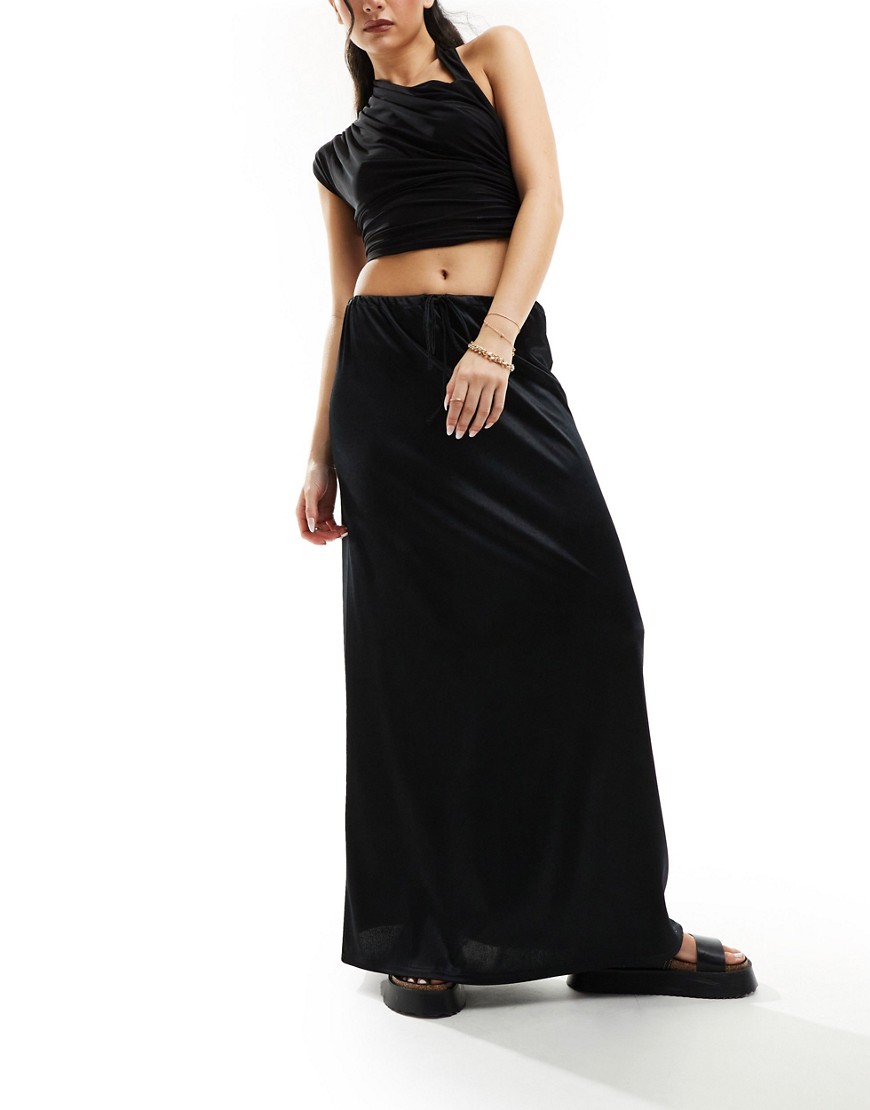 Asos Design Satin Twill Ruched Tie Waist Maxi Skirt In Black