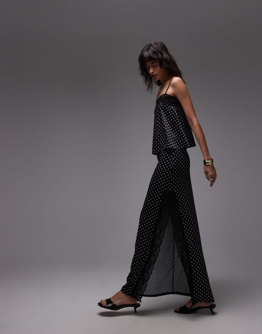 ASOS DESIGN satin twill split maxi skirt with lace trim detail in black polka dot