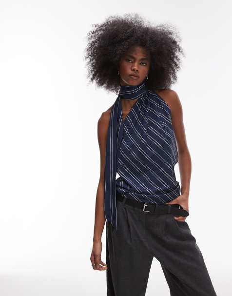 ASOS DESIGN satin twill tie detail halter top in stripe - view 1