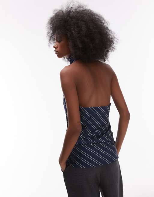 ASOS DESIGN satin twill tie detail halter top in stripe, 3 of 4