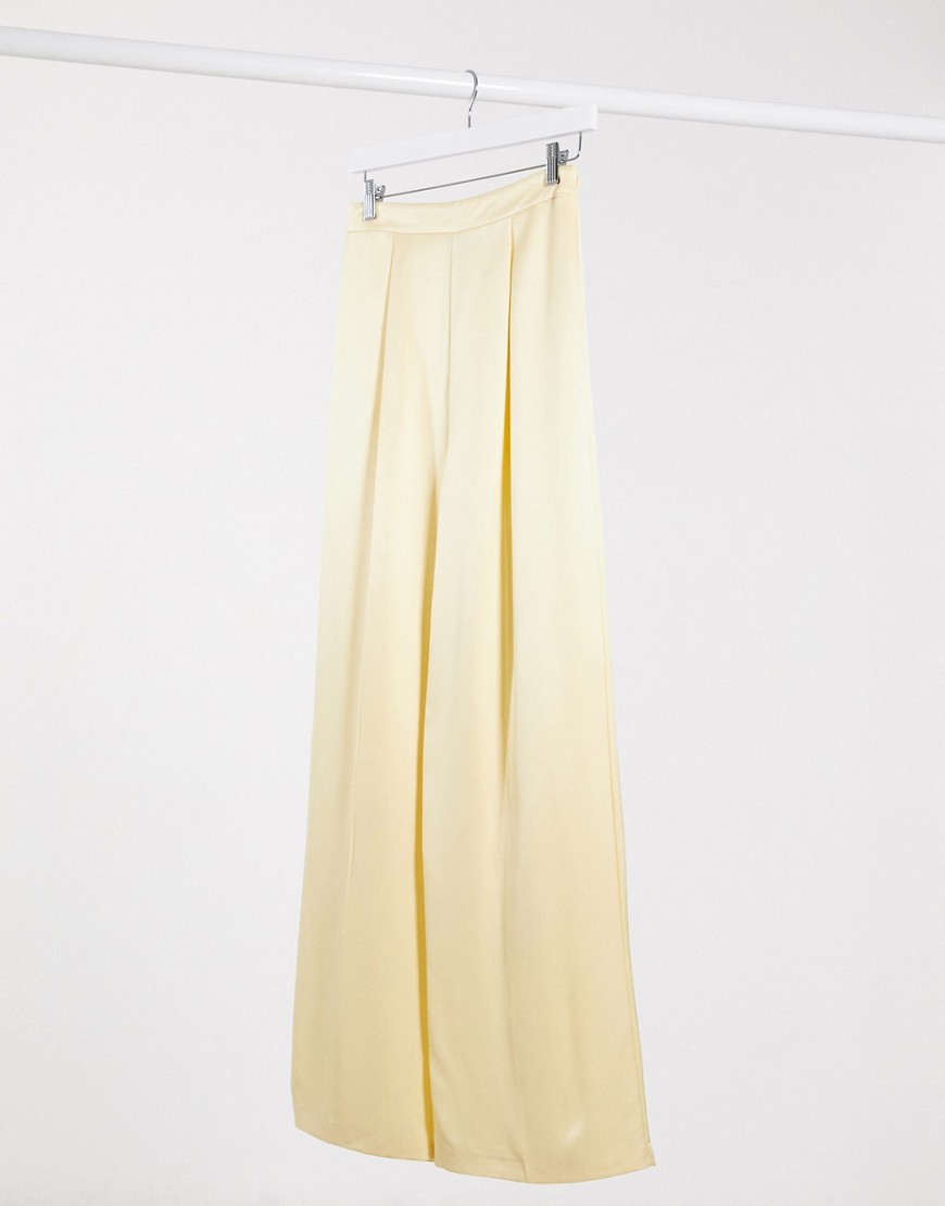 Asos Design Satin Twill Wide Leg Pants In Buttermilk-yellow