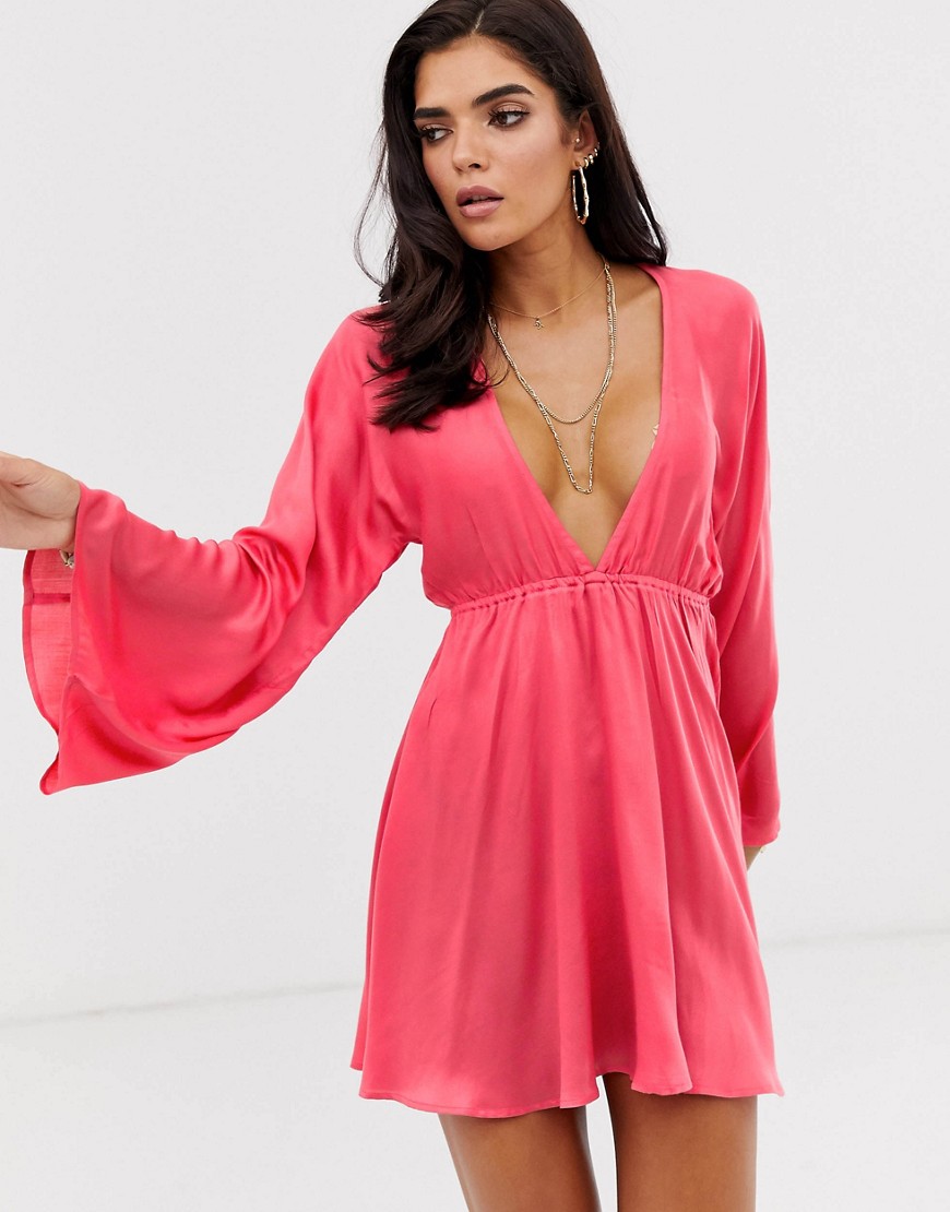 ASOS DESIGN satin twist back beach cover up in hot pink