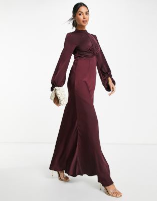 asos design satin twist bodice maxi dress with blouson sleeves ASOS DESIGN satin twist bodice maxi dress with blouson sleeves