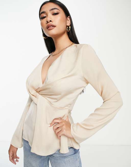 ASOS DESIGN satin twist front blouse with flared sleeve in champagne