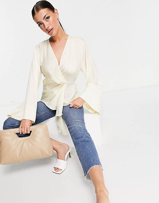Women Shirts & Blouses/satin twist front blouse with flared sleeve in cream 