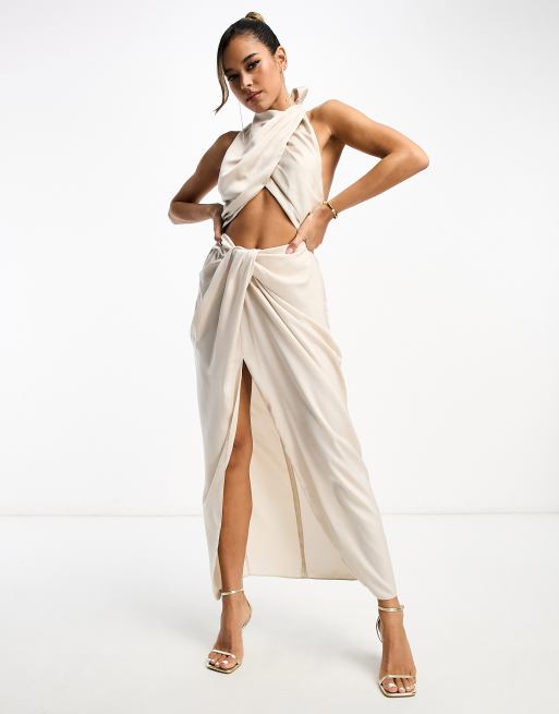 chinese dress ladies La Lune Ruched Halter Maxi Dress | Cream | Dresses main image 0