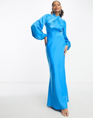 Asos Design Satin Twist Front Maxi Dress With Balloon Sleeve In Turquoise-blue In Copper