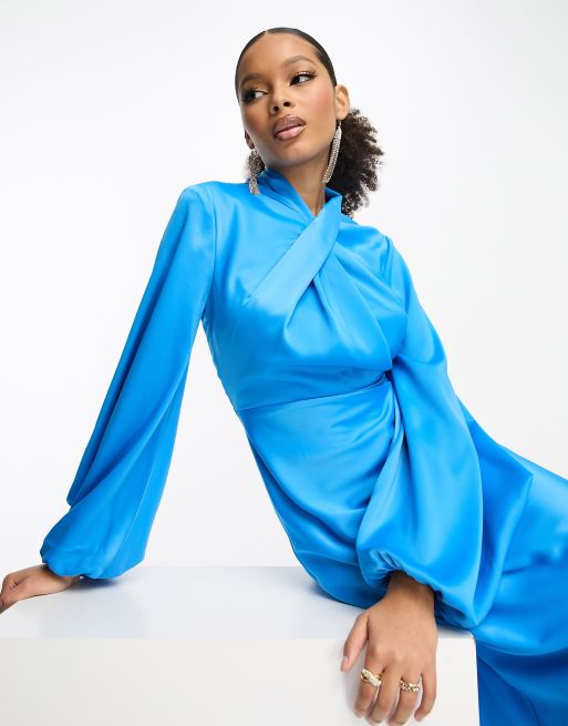 ASOS DESIGN satin twist shoulder drape maxi dress with puddle hem in blue -  ShopStyle