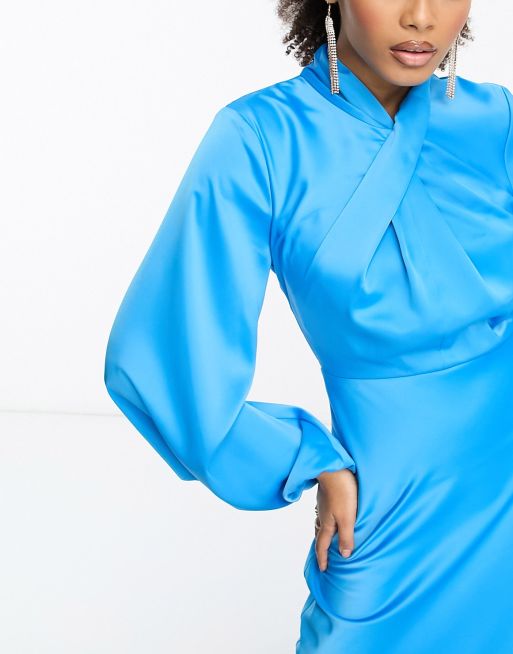 ASOS DESIGN satin twist front maxi dress with balloon sleeve in turquoise, 3 of 4