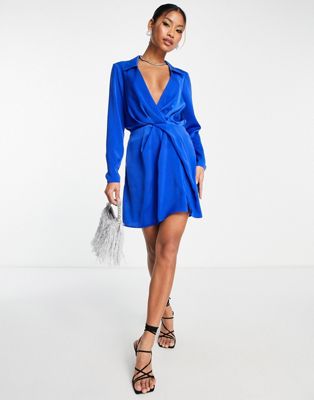 ASOS DESIGN satin twist mini dress with collar in blue | ASOS