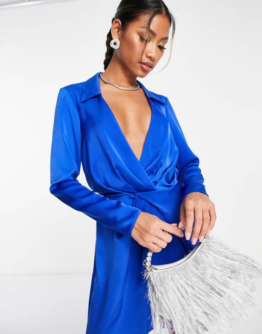 ASOS DESIGN satin twist mini dress with collar in blue | ASOS