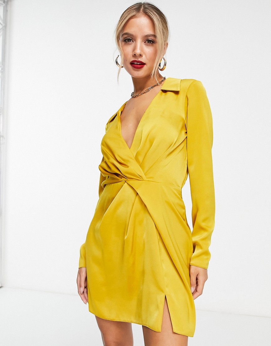 Asos Design Satin Twist Mini Dress With Collar In Gold