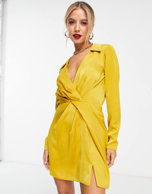 ASOS DESIGN satin twist mini dress with collar in gold