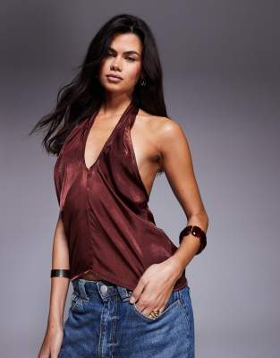 ASOS DESIGN satin twist neck detail top in chocolate