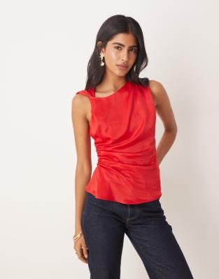 Asos Design Satin Twist Shoulder Cami Top In Red