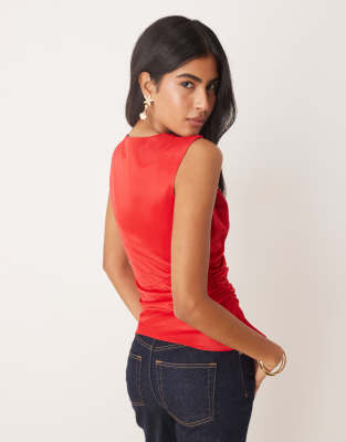 Asos Design Satin Twist Shoulder Cami Top In Red