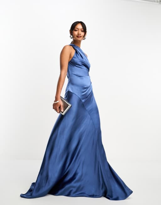 ASOS DESIGN satin twist shoulder drape maxi dress with puddle hem in blue